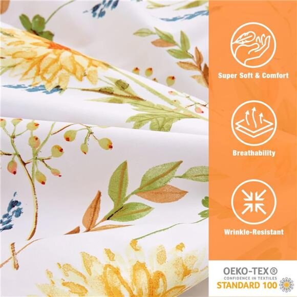Yellow Floral Printed Sheet Set Queen Size, 4 Piece Soft Botanical Spring Sheets - Picture 6 of 7